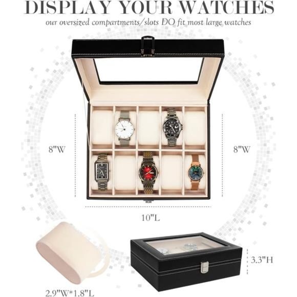 Watch Box 10 Slot Display Case Real Glass Organizer Storage with Pu Leather - Picture 3 of 6